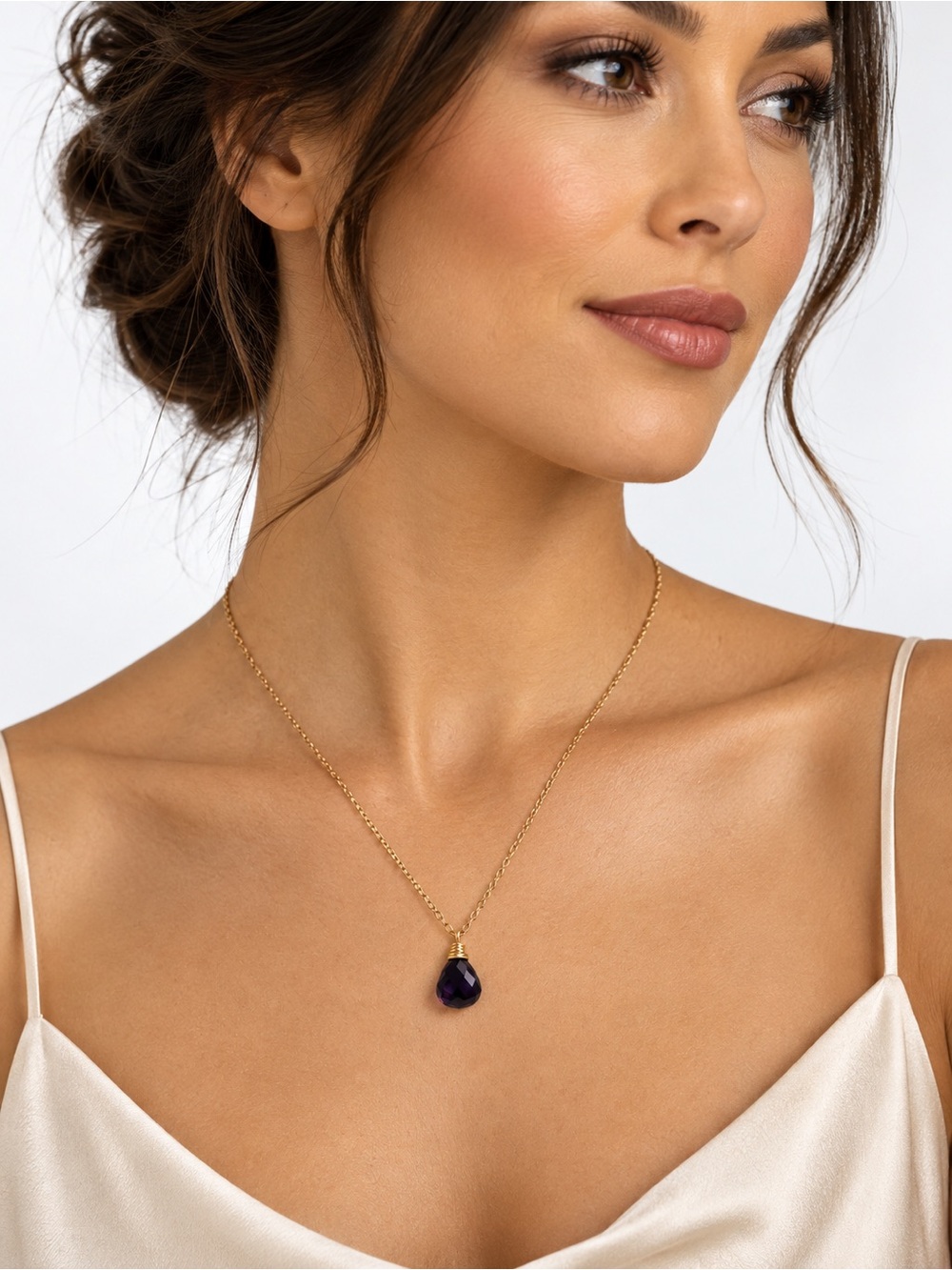 Dark Amethyst Briolette Gold Pendant Necklace
